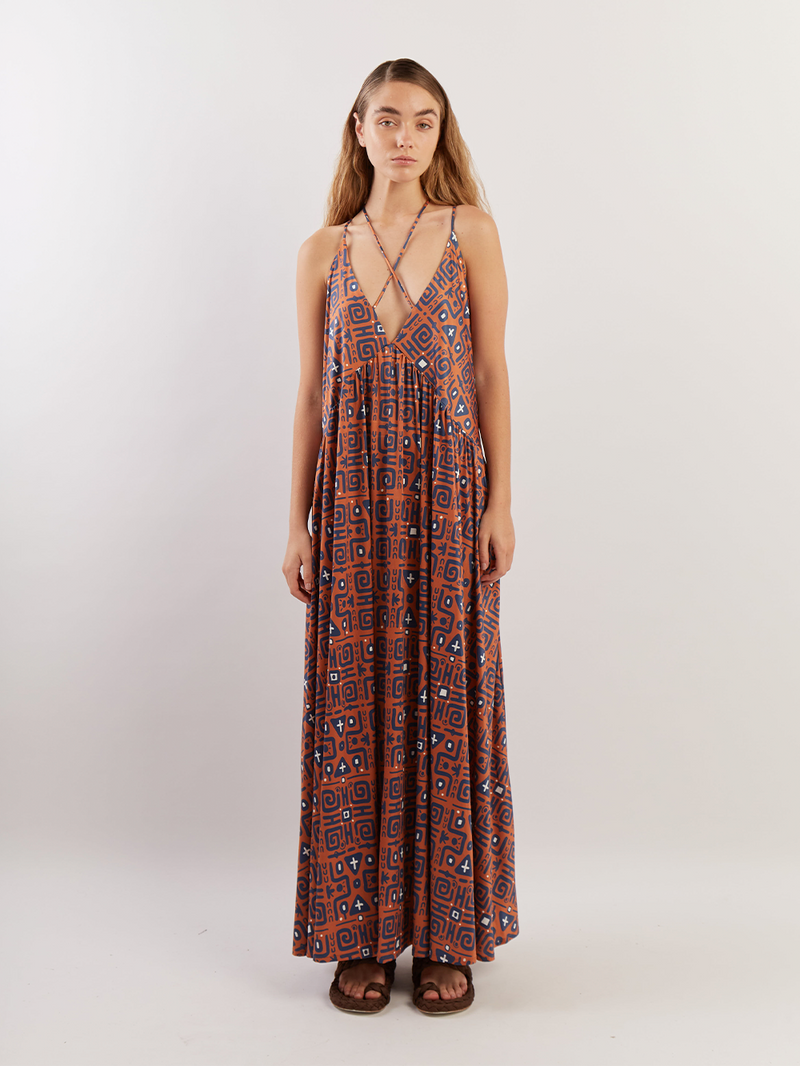 DRESS WITH CROSSED STRAPS - BLUE AND OCHER TRIBAL
