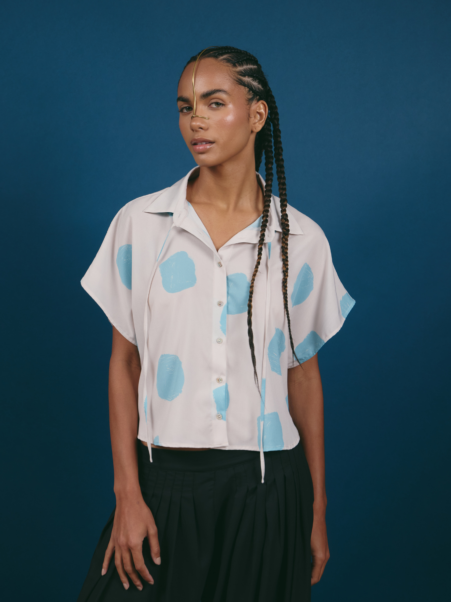 Blouse with Drawstrings - Skyblue Dots