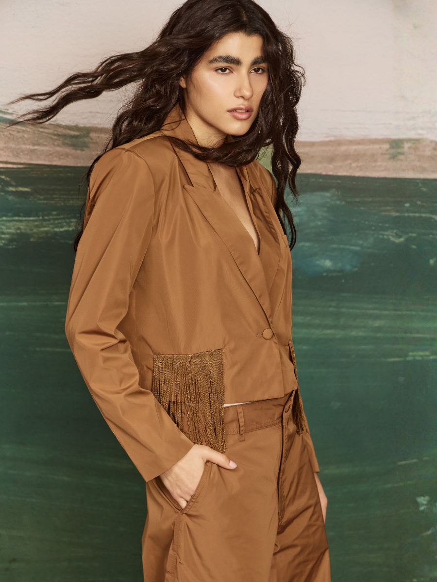 Fringed Cropped Blazer - Camel