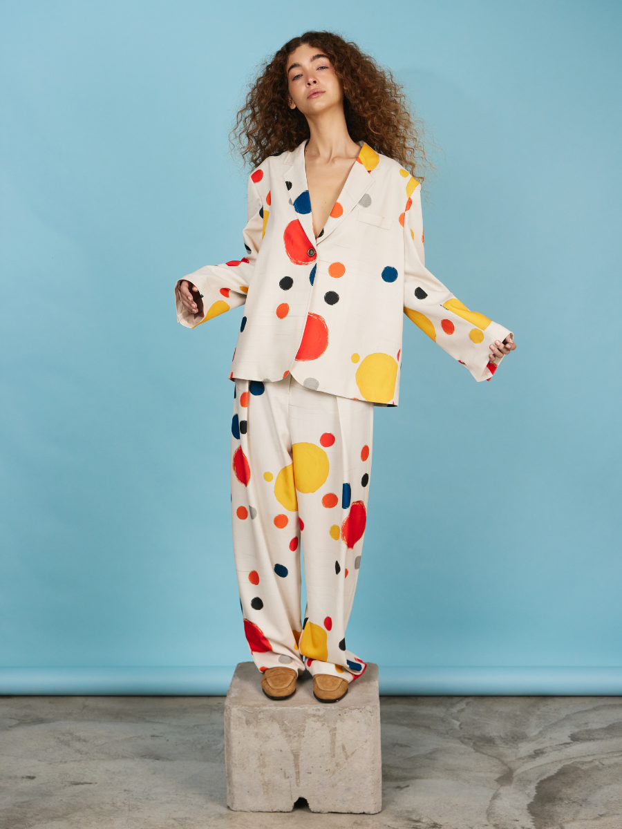 Oversized One-Button Blazer - Multicolor Dots