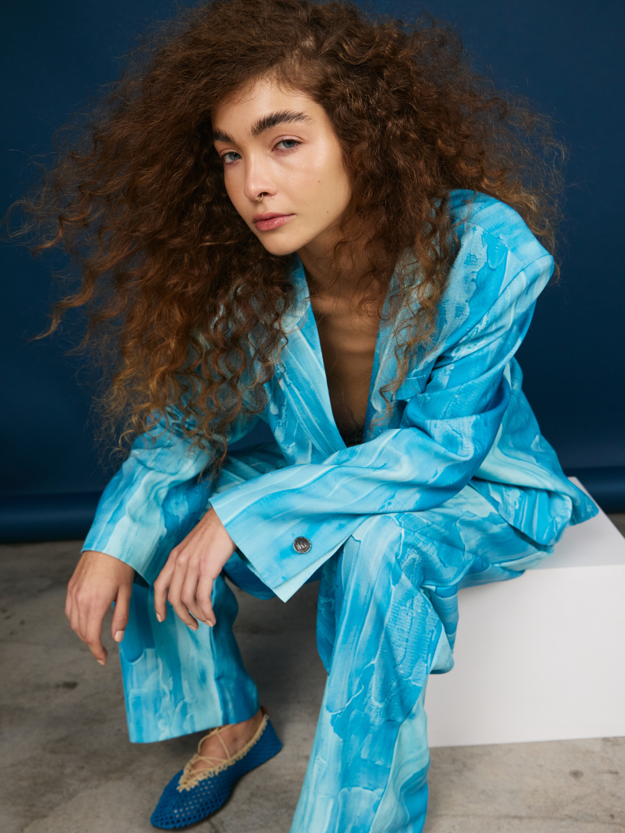 Oversized One-Button Blazer -Sky Brushstroke