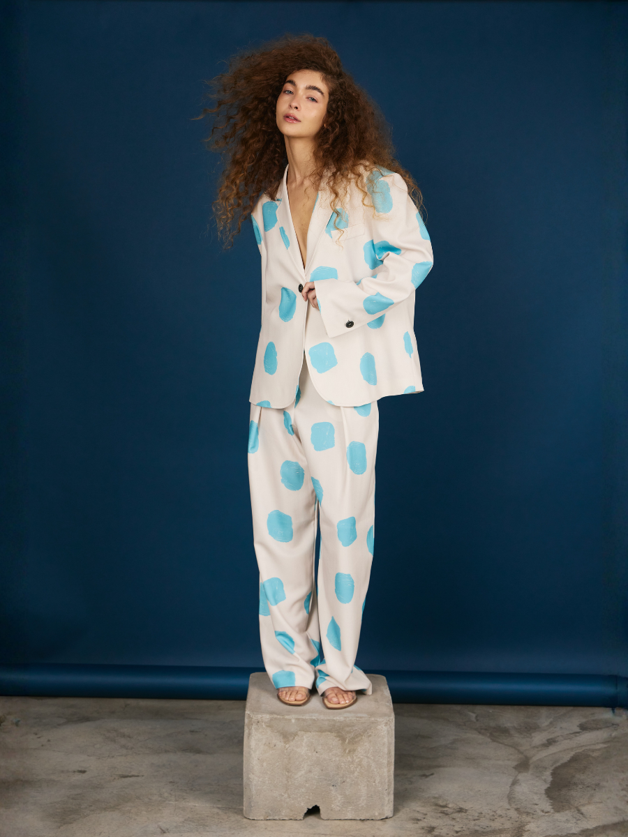 Oversized One-Button Blazer - Skyblue Dots