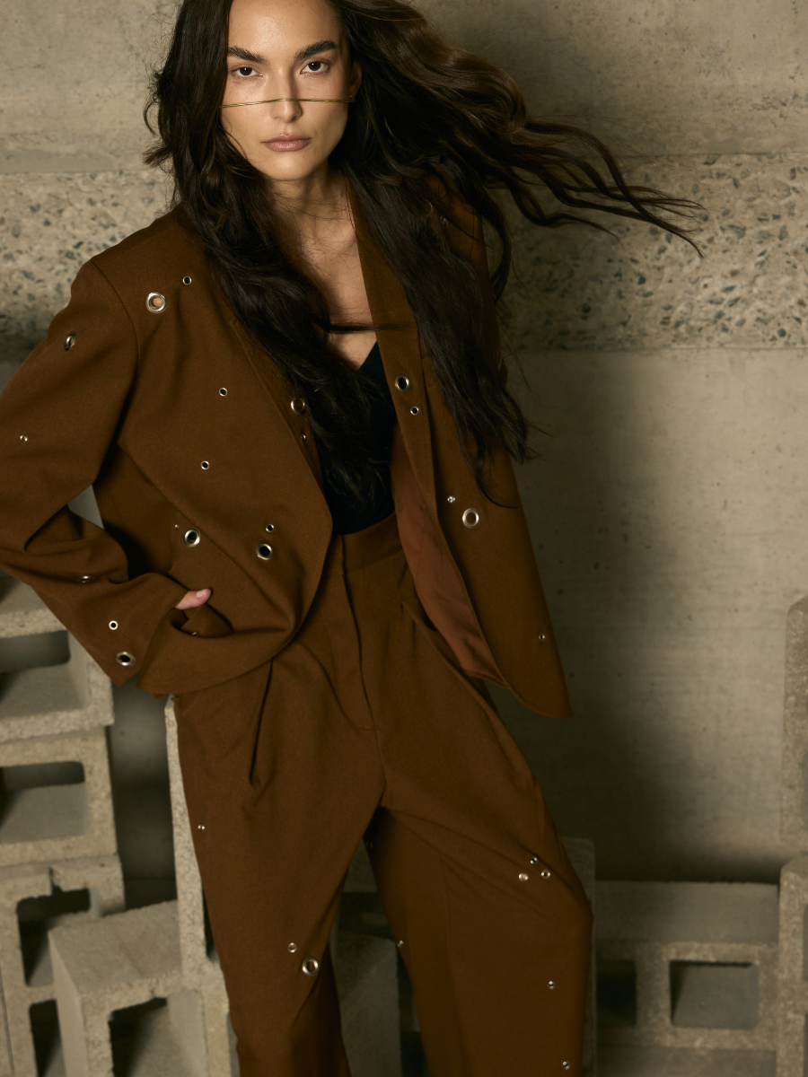 Oversized Blazer with Eyelets - Mocha