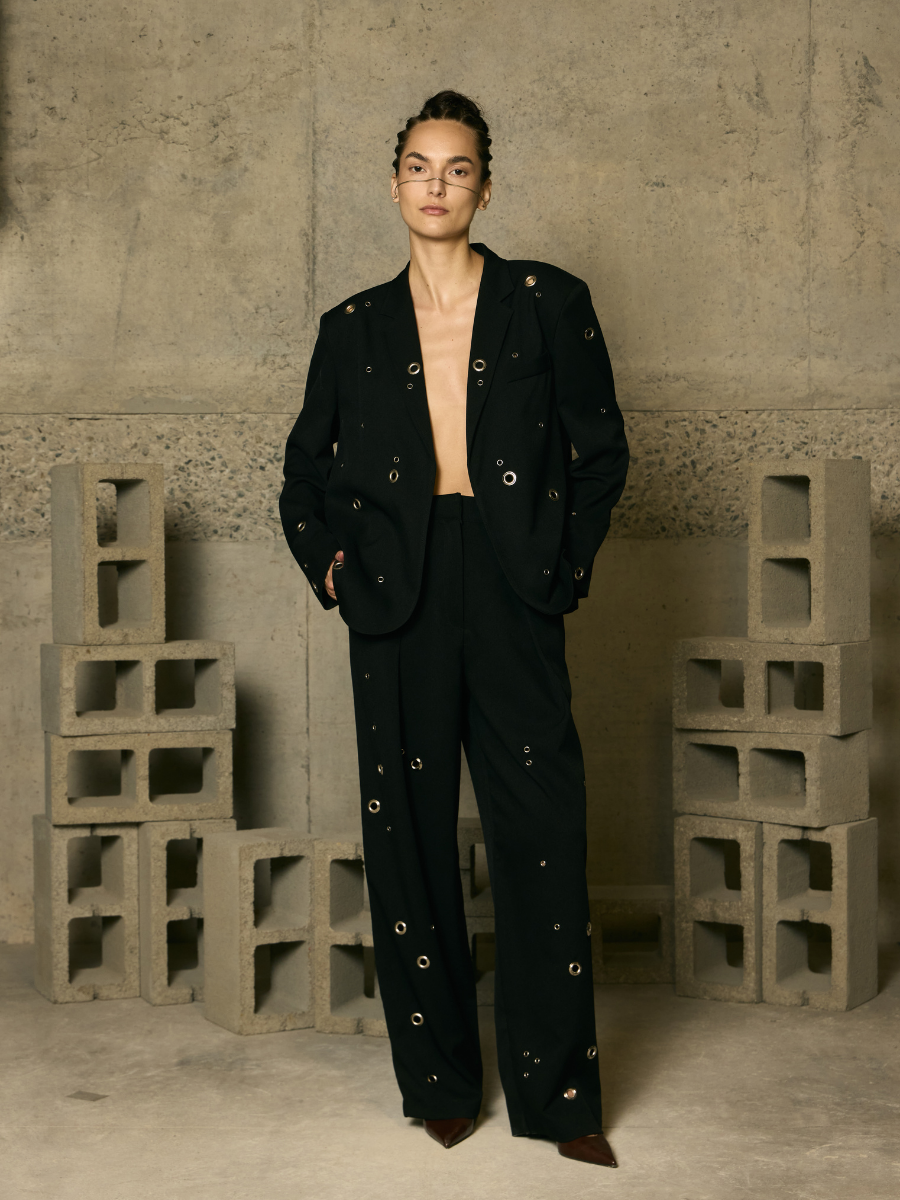 Oversized Blazer with Eyelets - Black