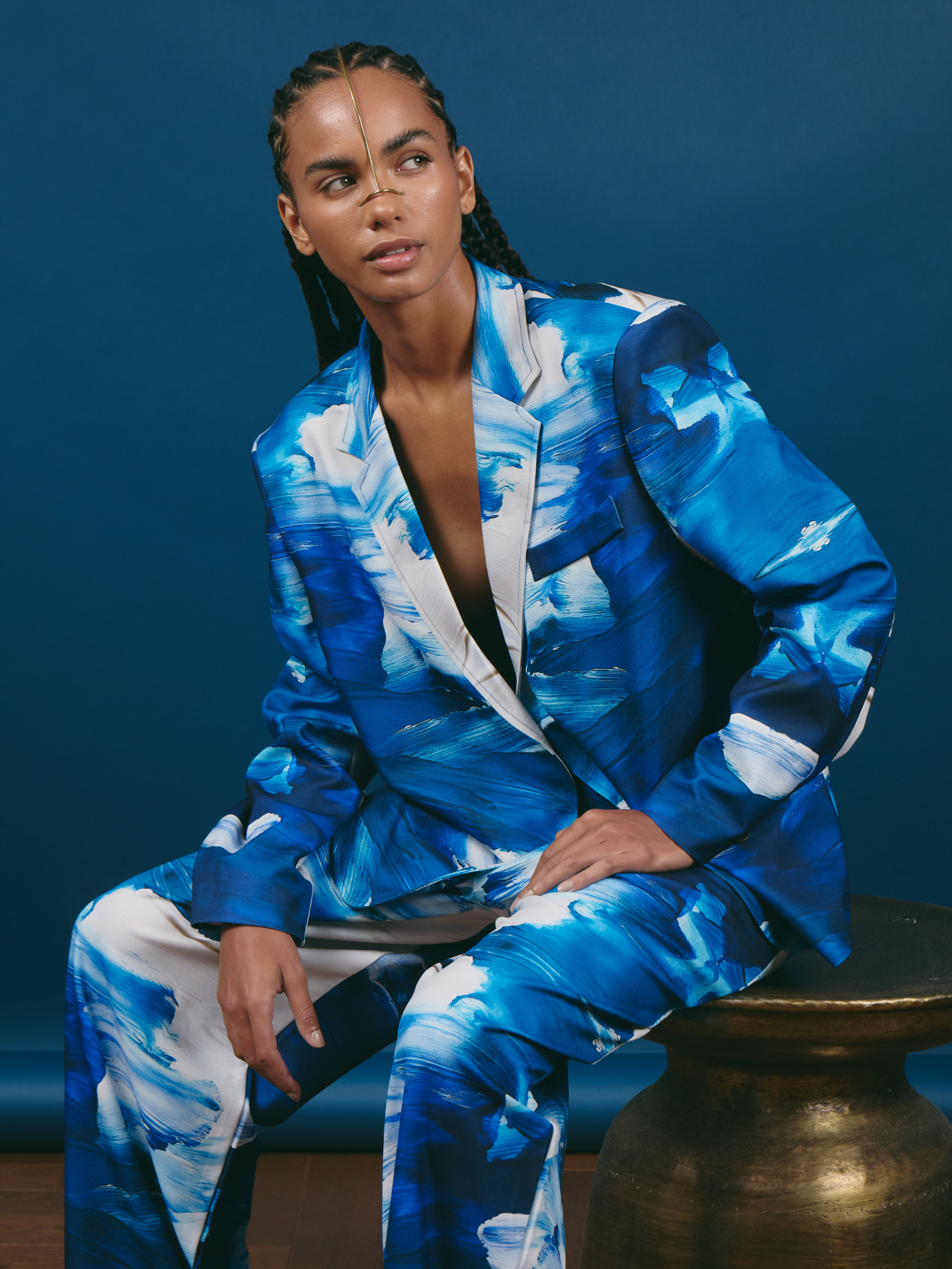 Oversized One-Button Blazer - Blue & White Brushstroke