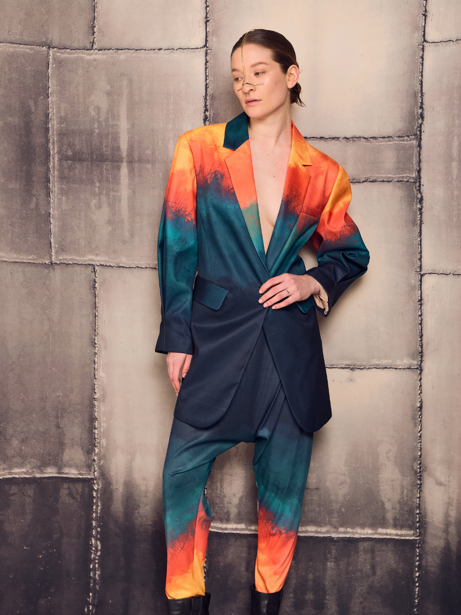 Midi Blazer with Puff Sleeves - Sunset Brushstroke with Stripe