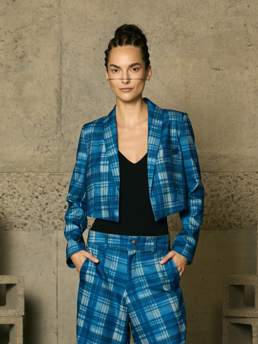 Super Cropped Blazer - Denim Tartan