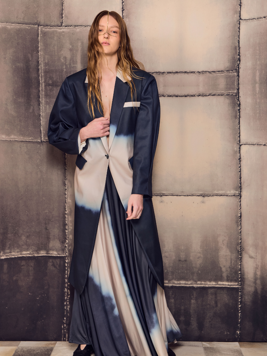 Long Blazer with Puff Sleeves - Bicolor Blue and Ecru Paint