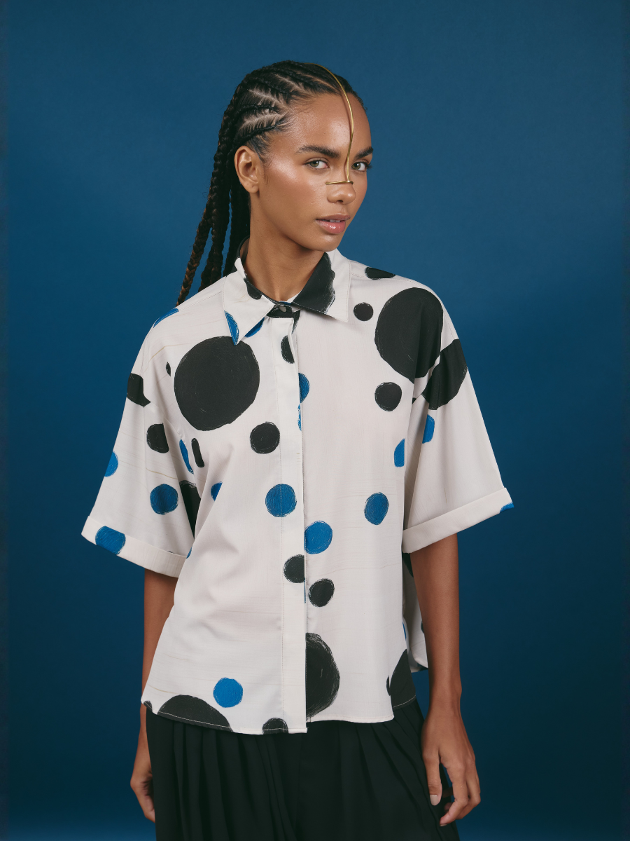 Square Short Sleeve Blouse - Dark Dots