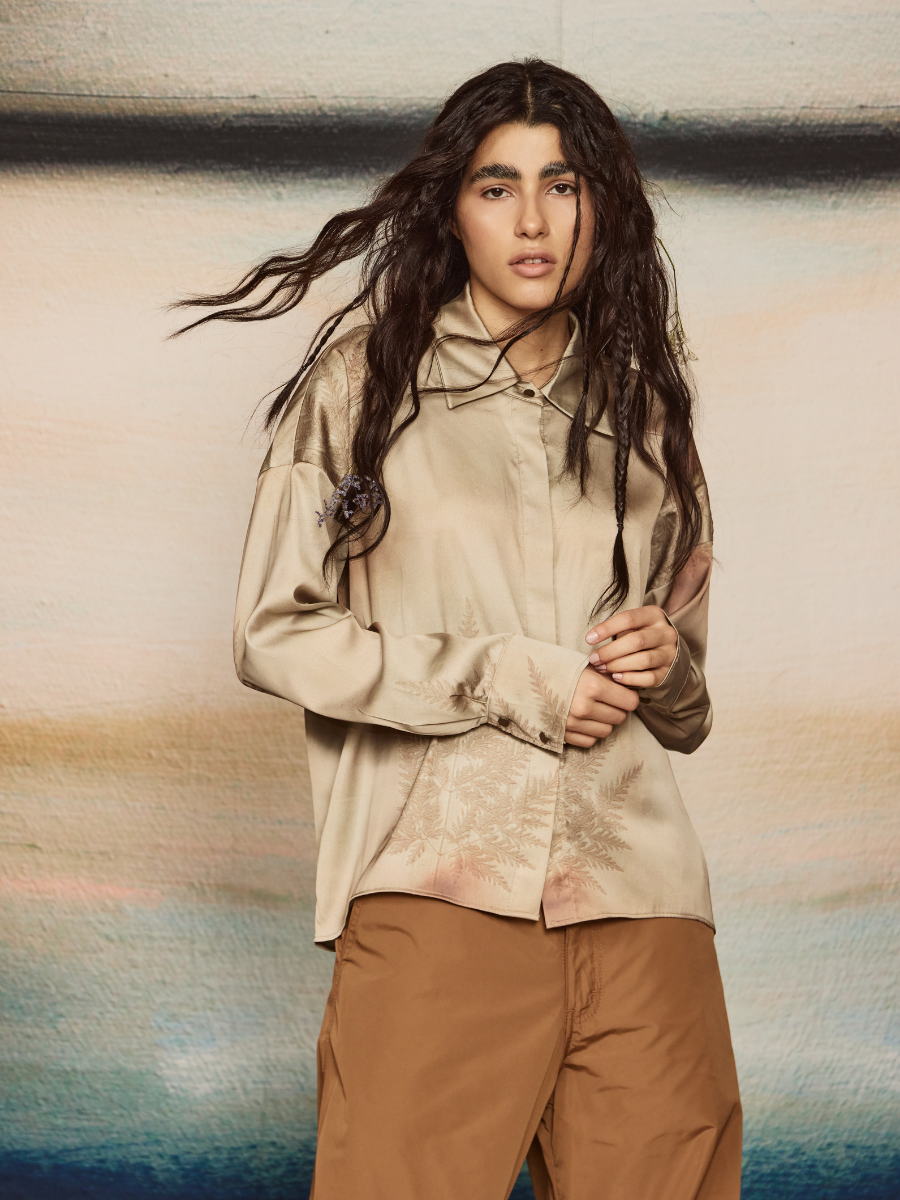 Satin Blouse - Beige Botanical