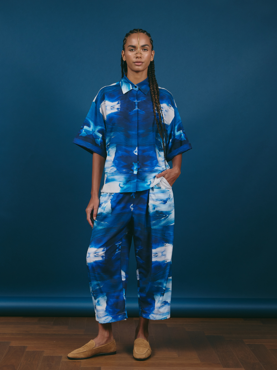 Square Short-Sleeve Blouse - Blue & White Brushstroke