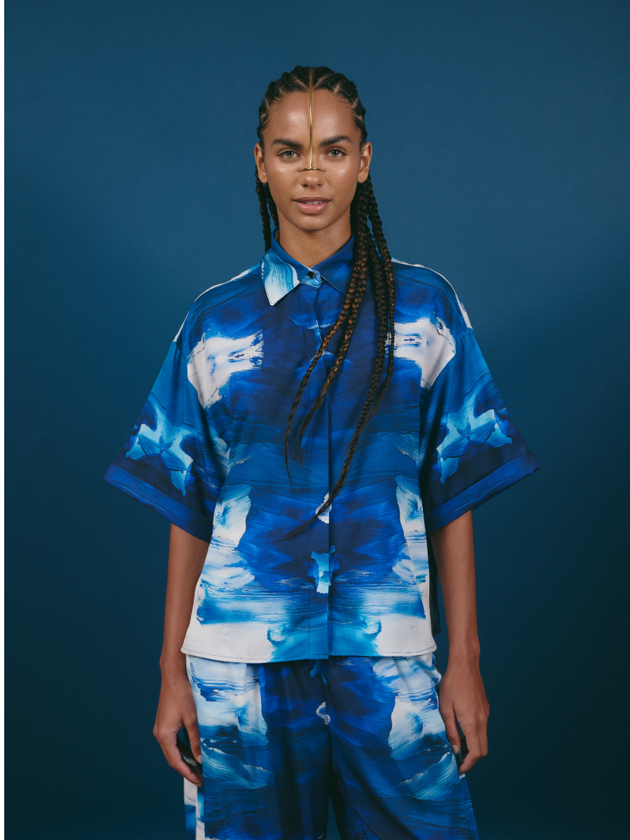 Square Short-Sleeve Blouse - Blue & White Brushstroke