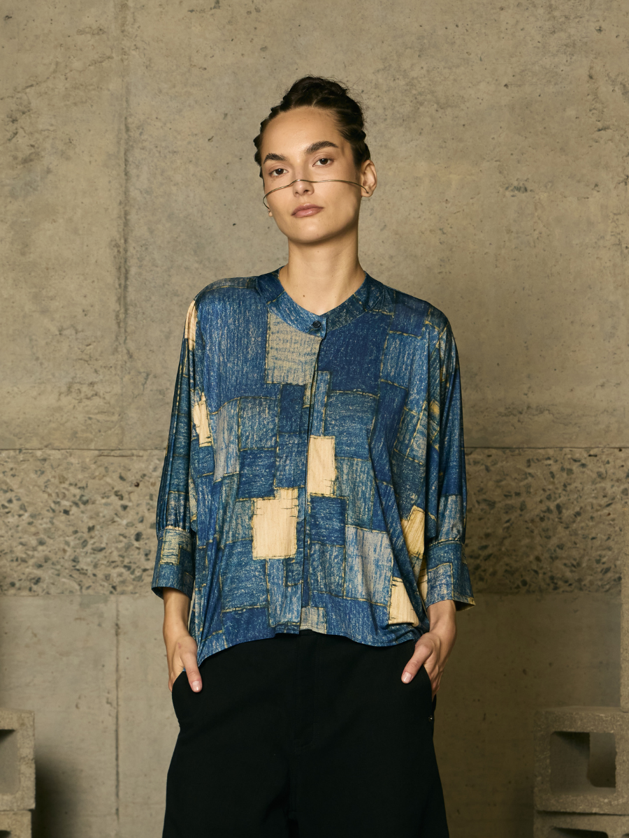 Square Blouse - Blue Patchwork