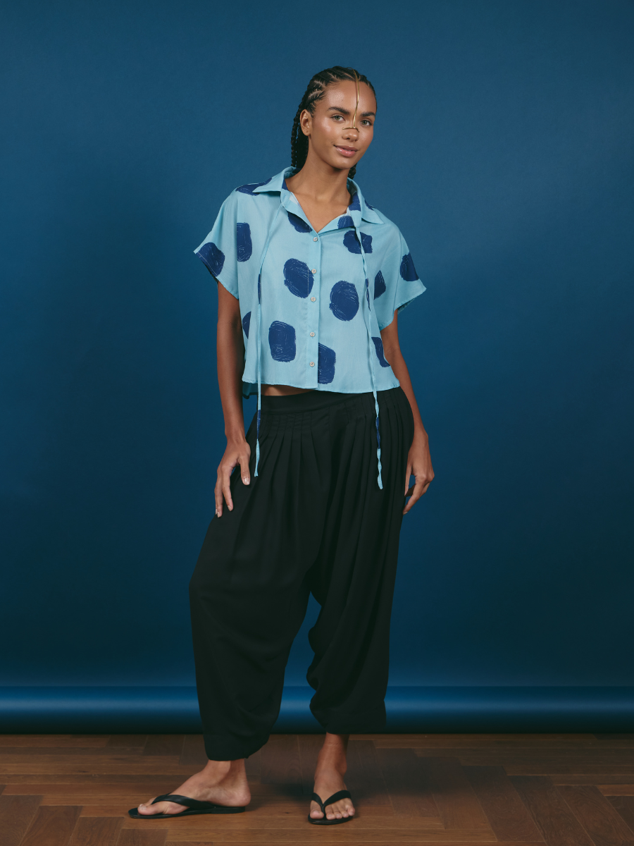 Blouse with Drawstrings - Blue Dots