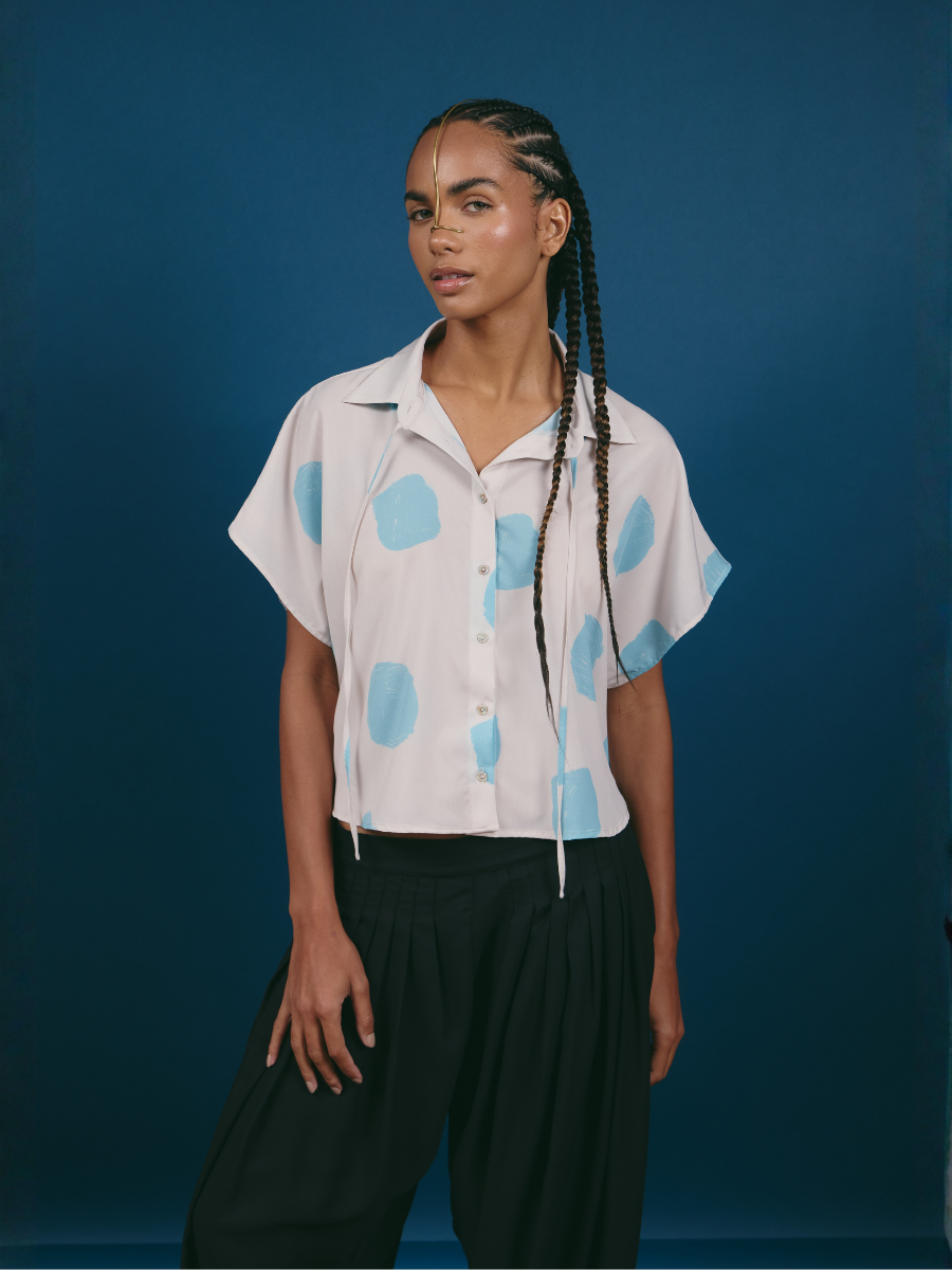 Blouse with Drawstrings - Skyblue Dots