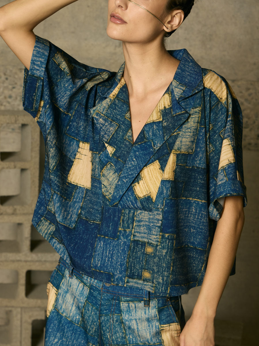 Cross Blouse - Blue Patchwork