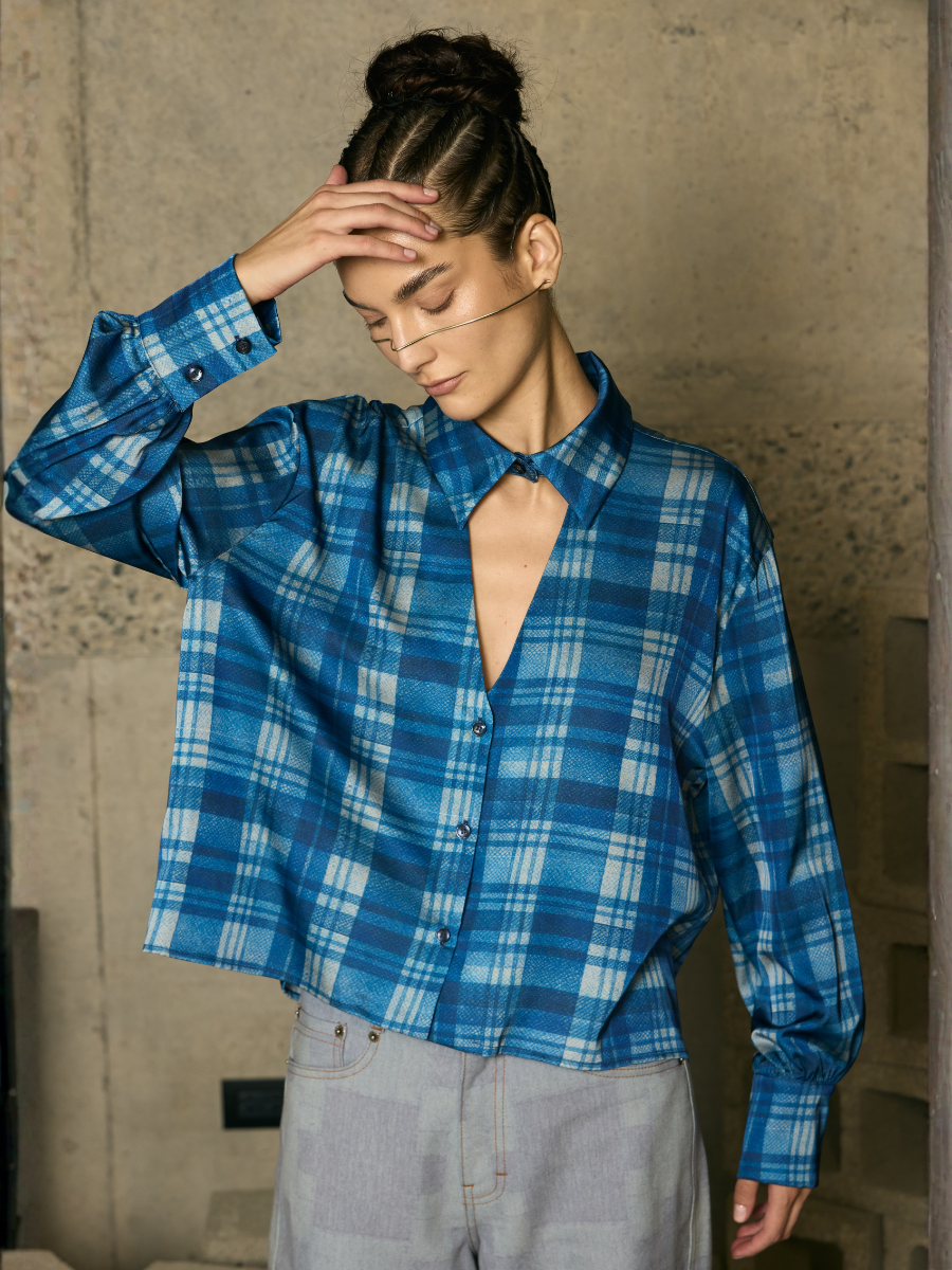 Notch Collar Blouse - Denim Tartan