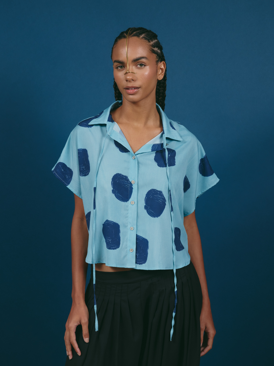 Blouse with Drawstrings - Blue Dots