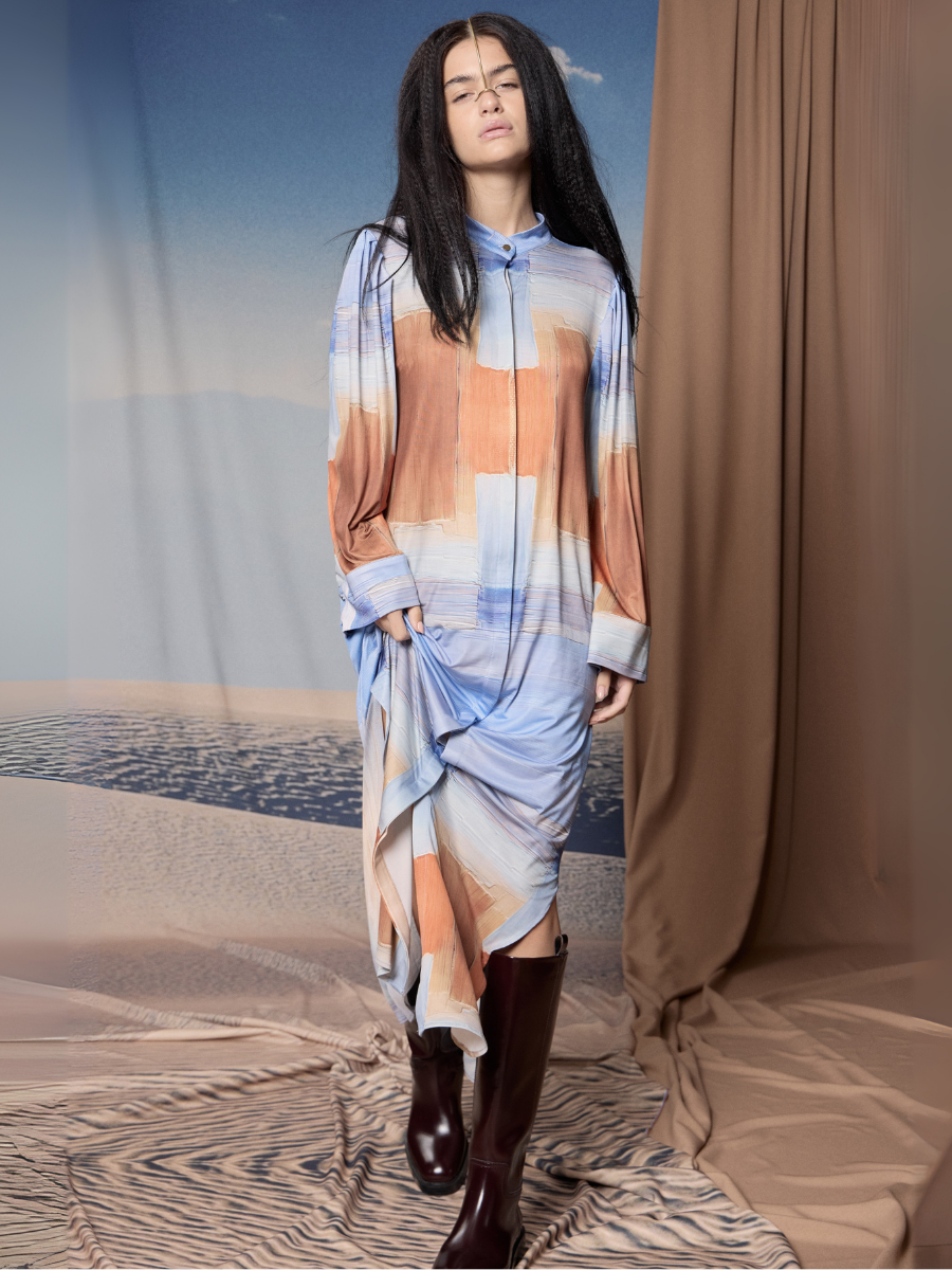 Round Neck Pleated Tunic - Crosses in Brushstroke