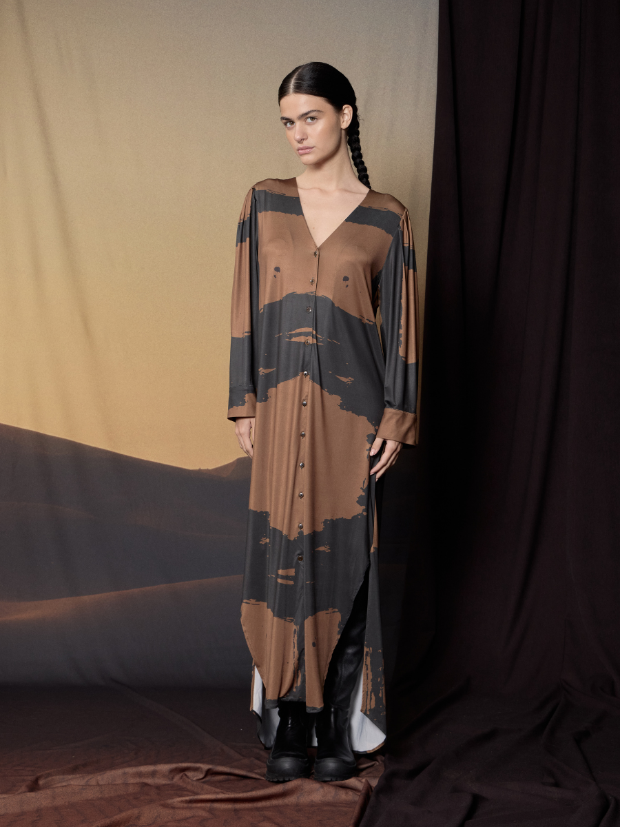 V-Neck Pleated Sleeve Tunic - Brown Brushstroke