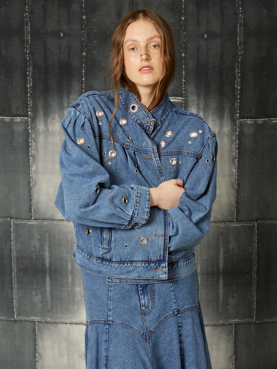 Denim Jacket with Eyelets - Black
