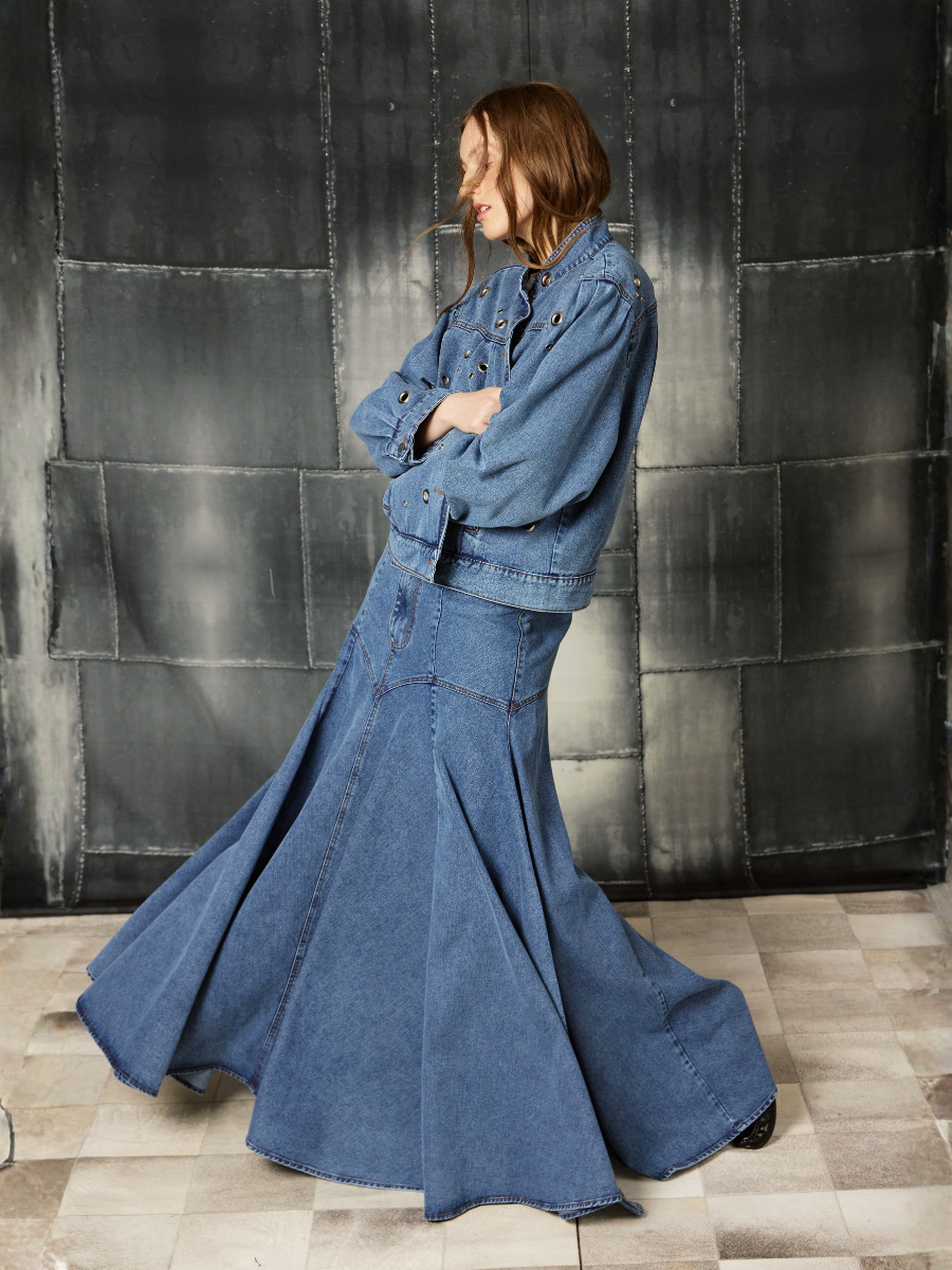 Denim Godet Skirt - Blue