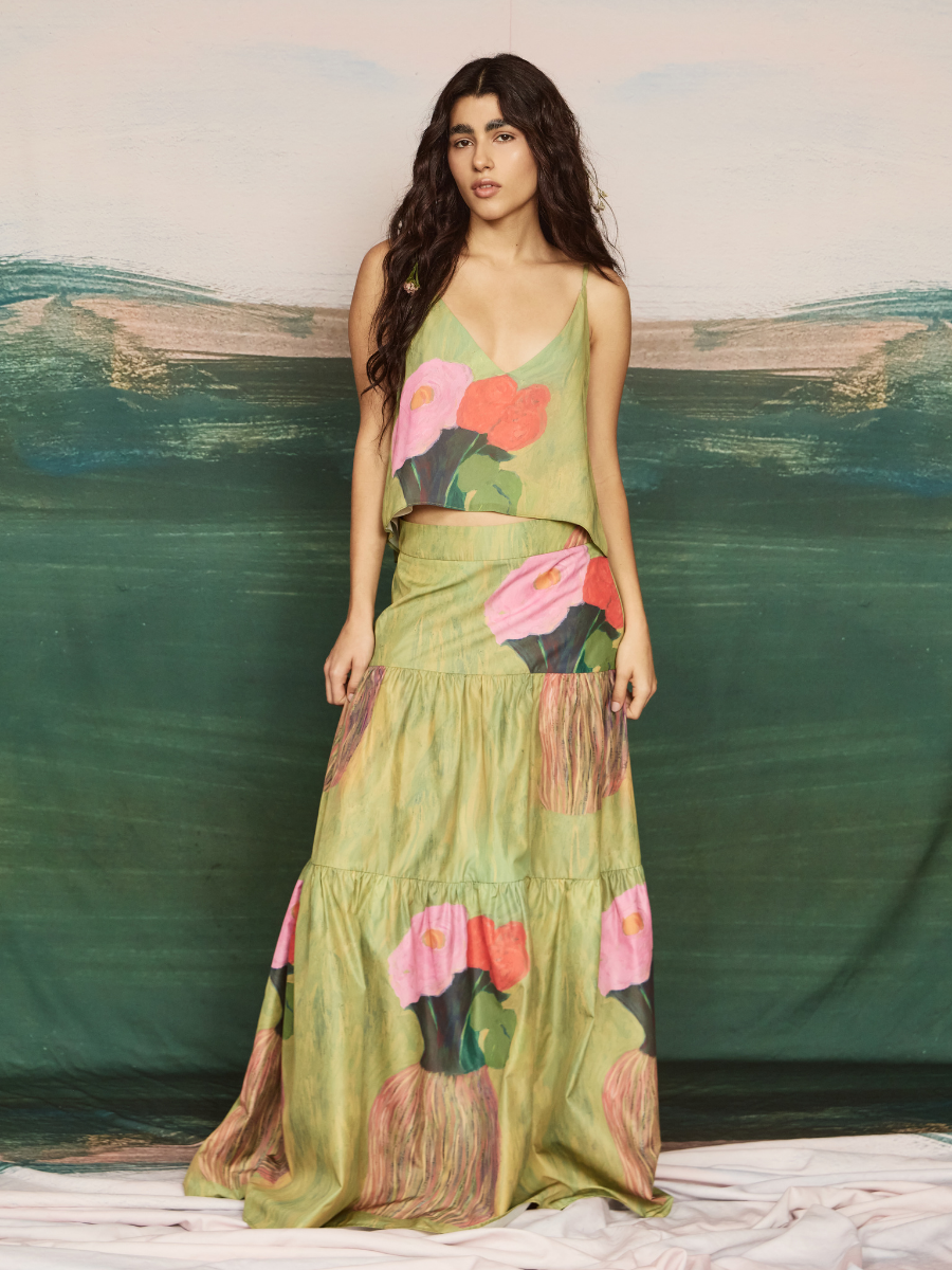 Gathered Skirt - Floral Painting