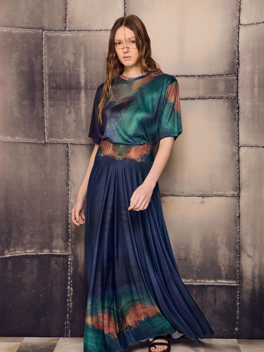 Long Skirt - Green Brushstroke with Midnight Blue