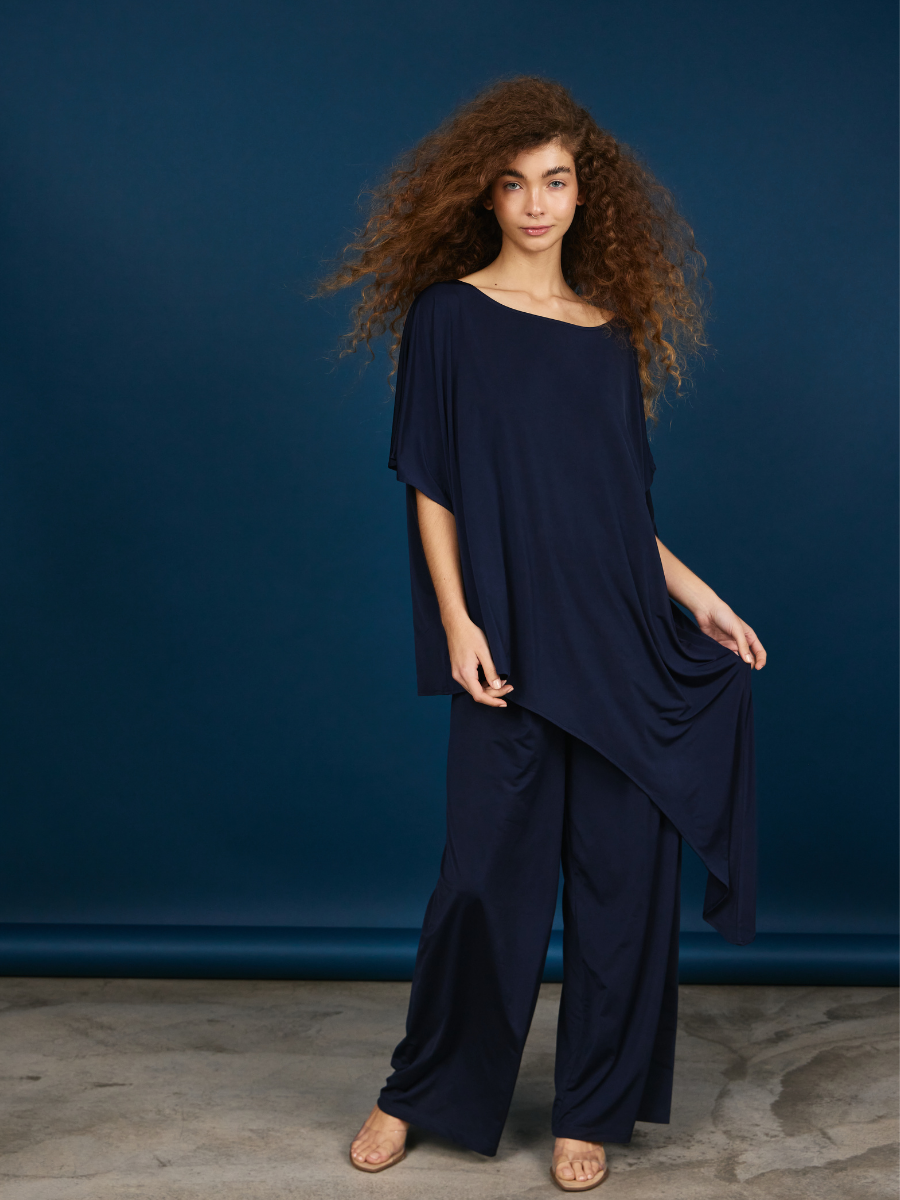 Pleated Palazzo Pants - Navy Blue