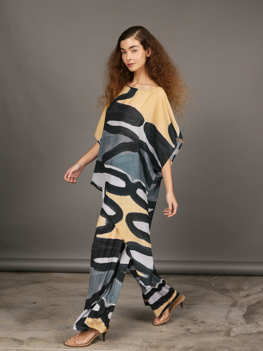 Pleated Palazzo Pants - Grey Zigzag