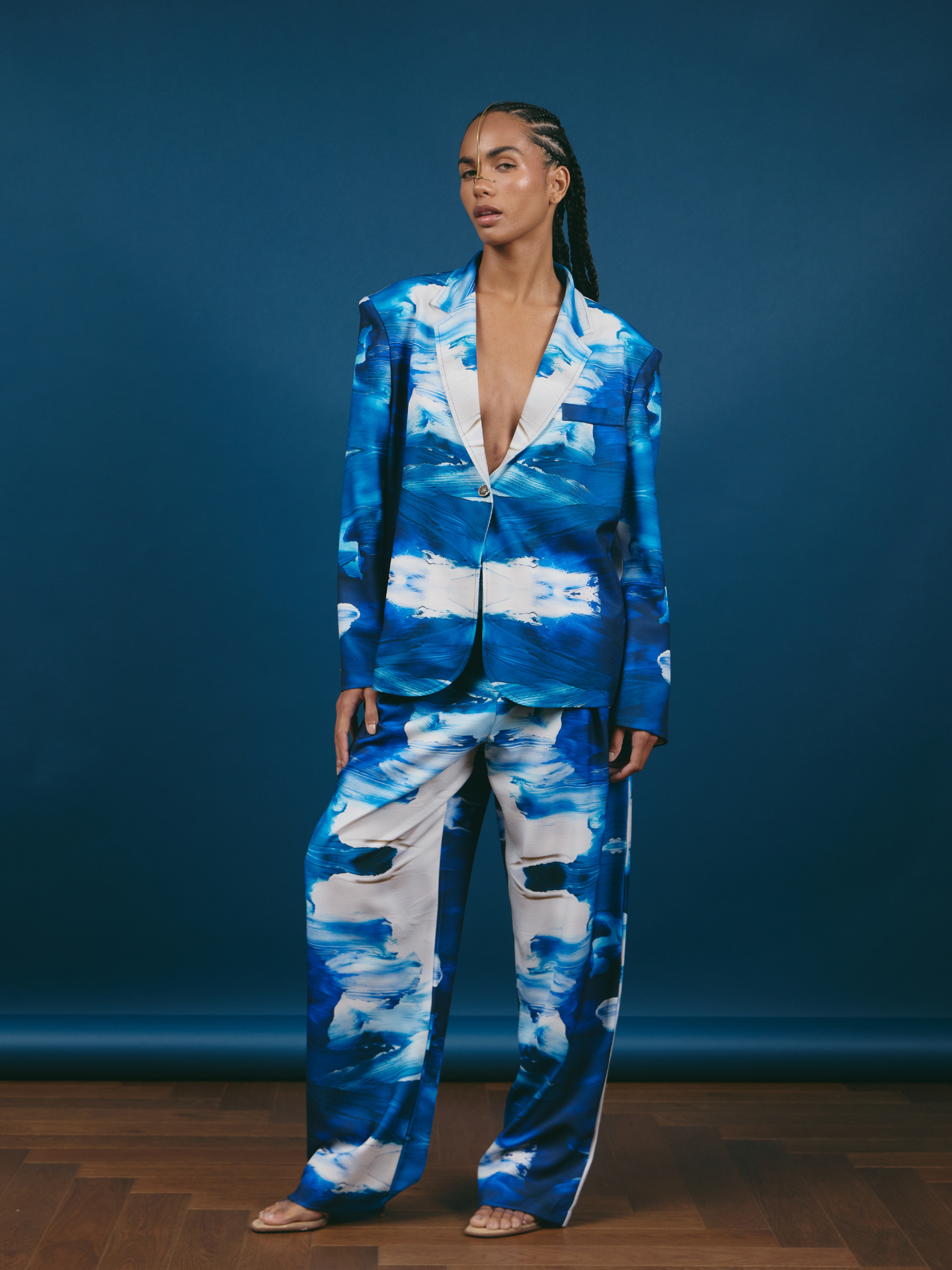 Pleated Pants - Blue & White Brushstroke