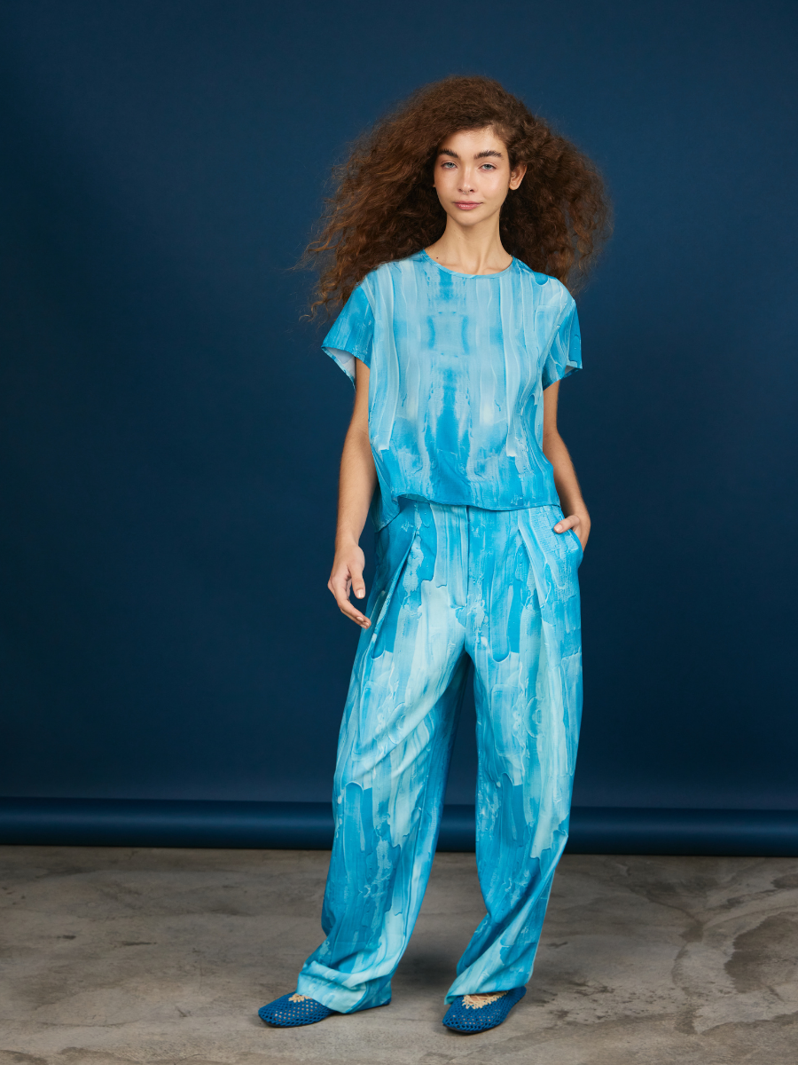 Pleated Pants -Sky Brushstroke