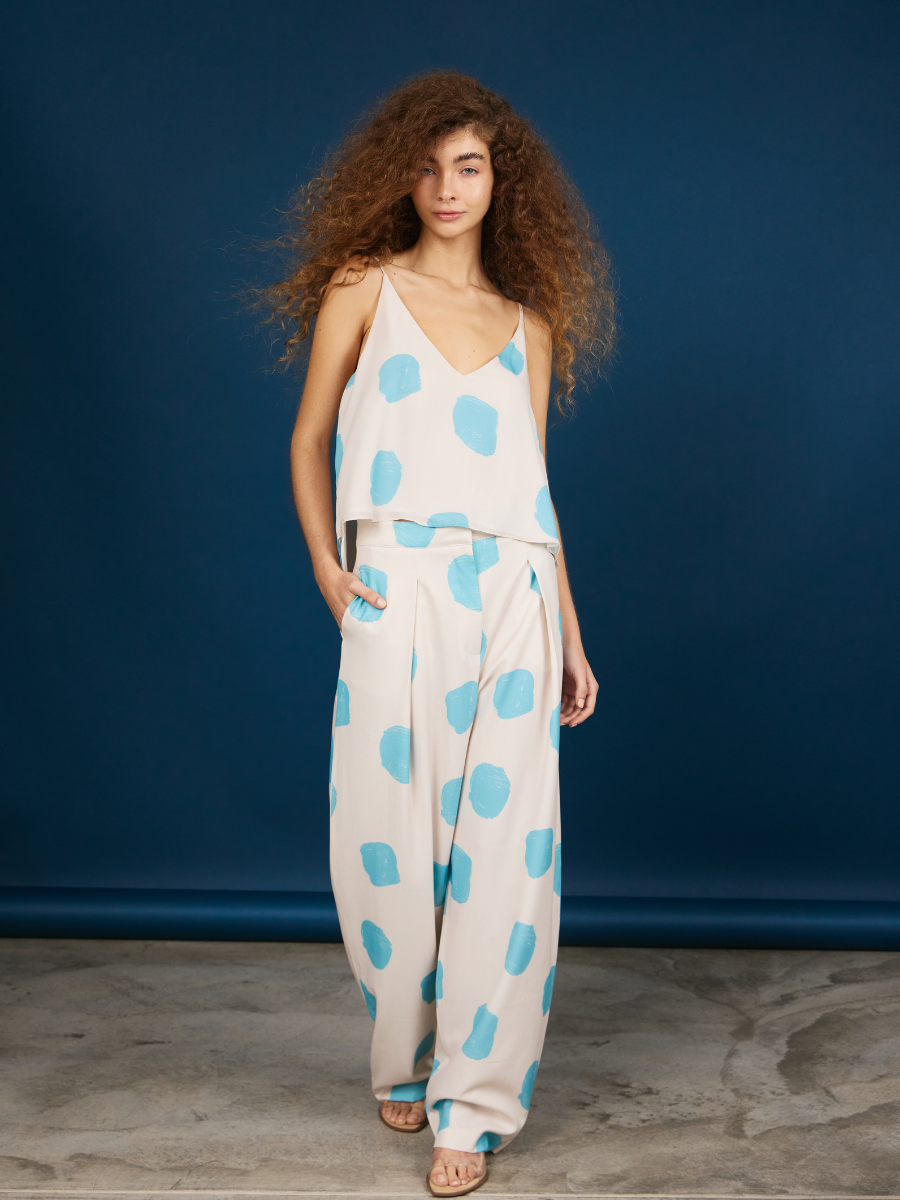 Pleated Pants - Skyblue Dots