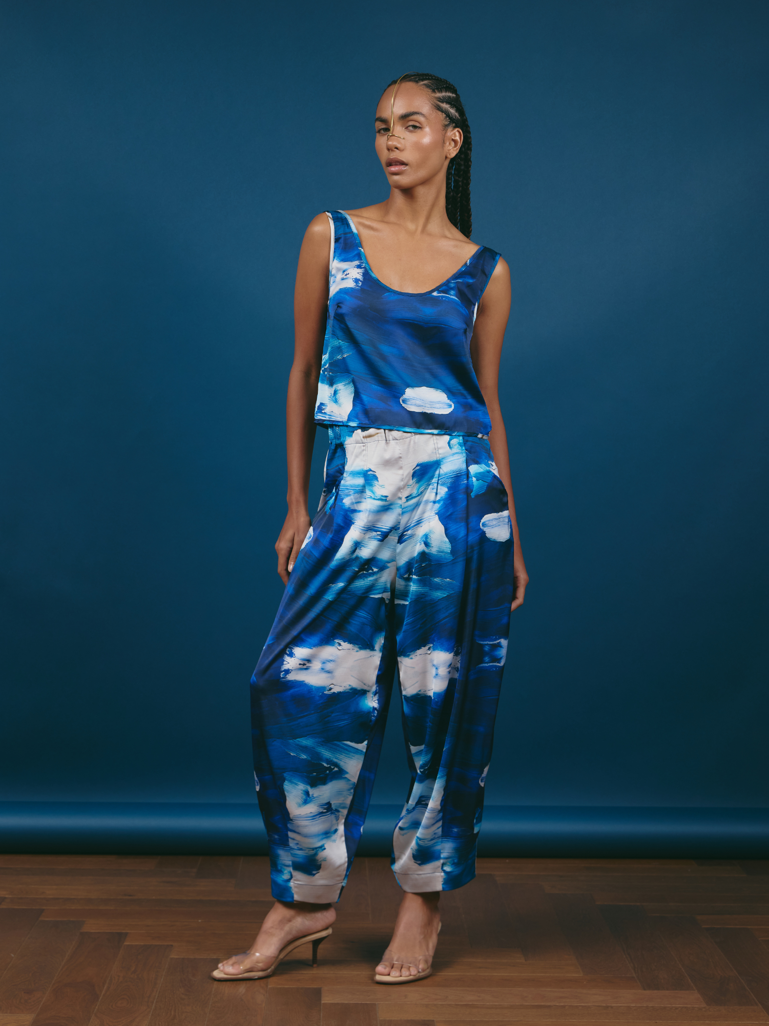 Satin Pants - Blue & White Brushstroke