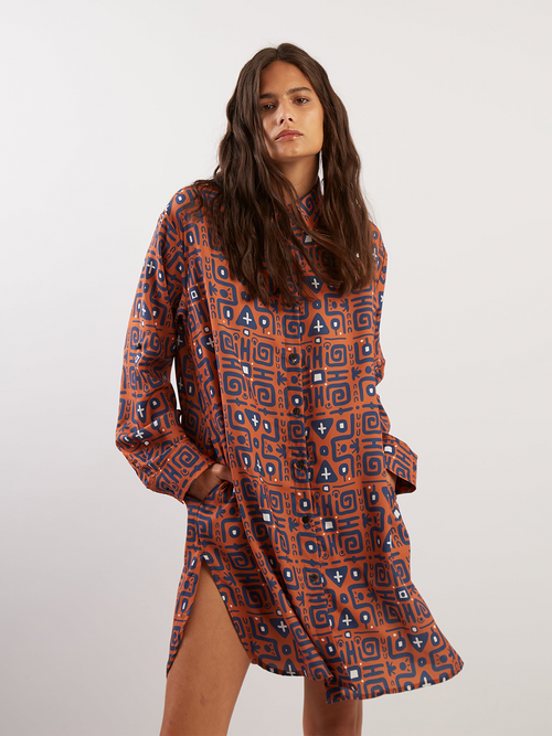 BLOUSE DRESS WITH POCKETS - BLUE AND OCHER TRIBAL