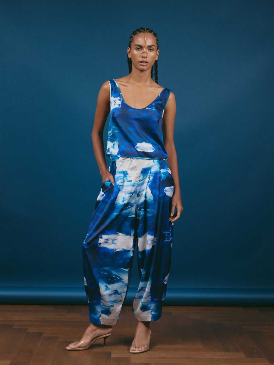 Satin Top - Blue & White Brushstroke