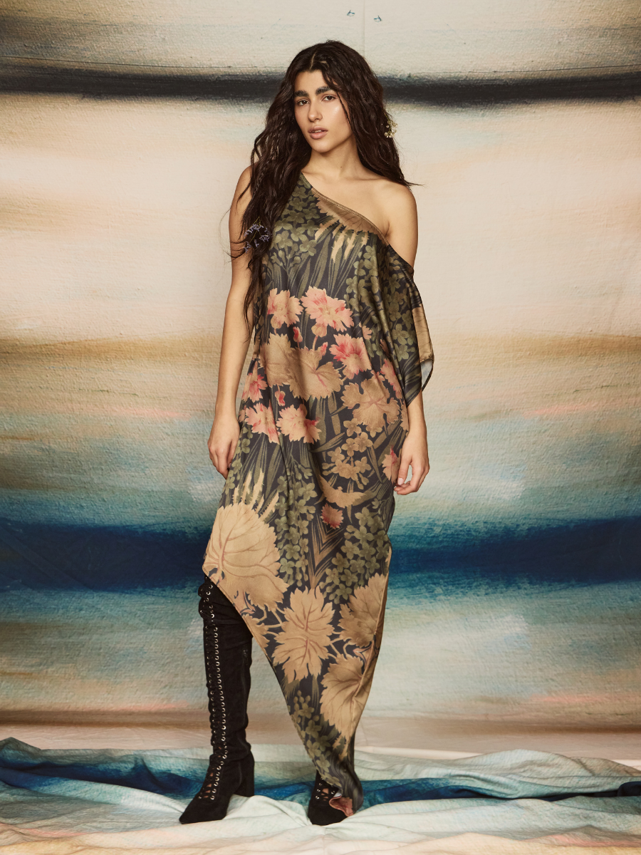 One-Shoulder Asymmetrical Dress - Oriental Garden