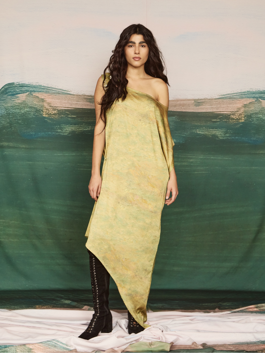 One-Shoulder Asymmetrical Dress - Yellow Texture