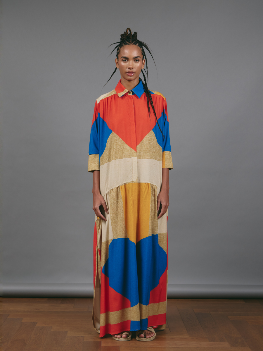 Gathered Shirt Dress - Color Blocks