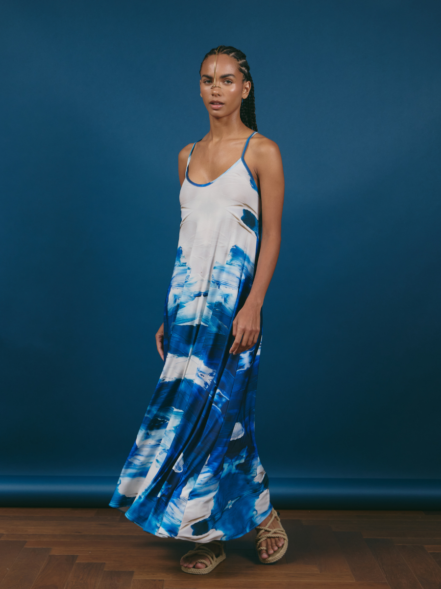 Short Godet Dress - Blue & White Brushstroke