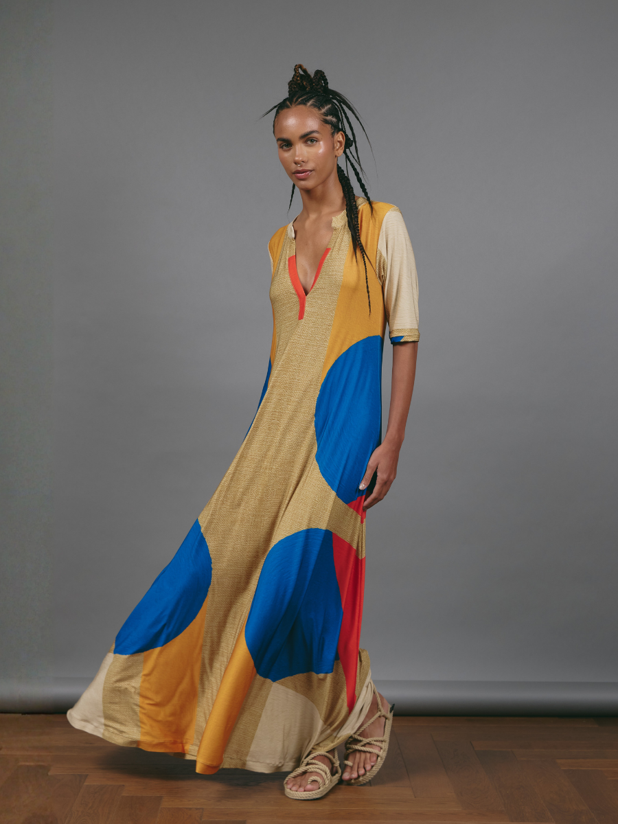 V-Neck Godet Dress - Color Blocks