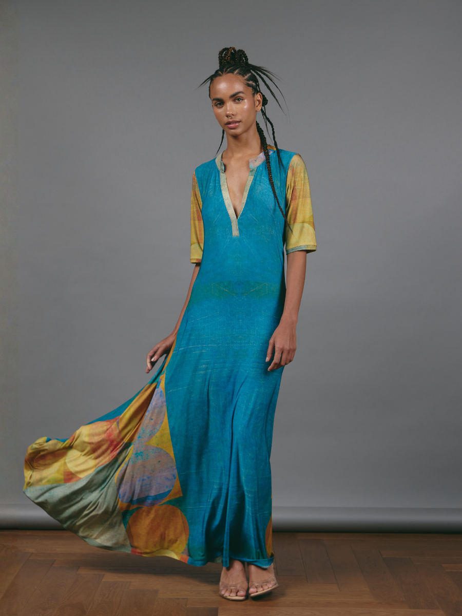 V-Neck Godet Dress - Spheres