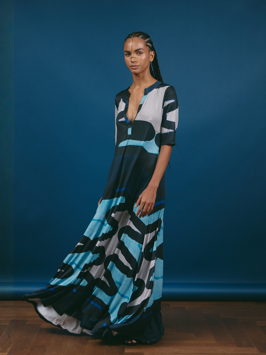 V-Neck Godet Dress - Blue Zigzag