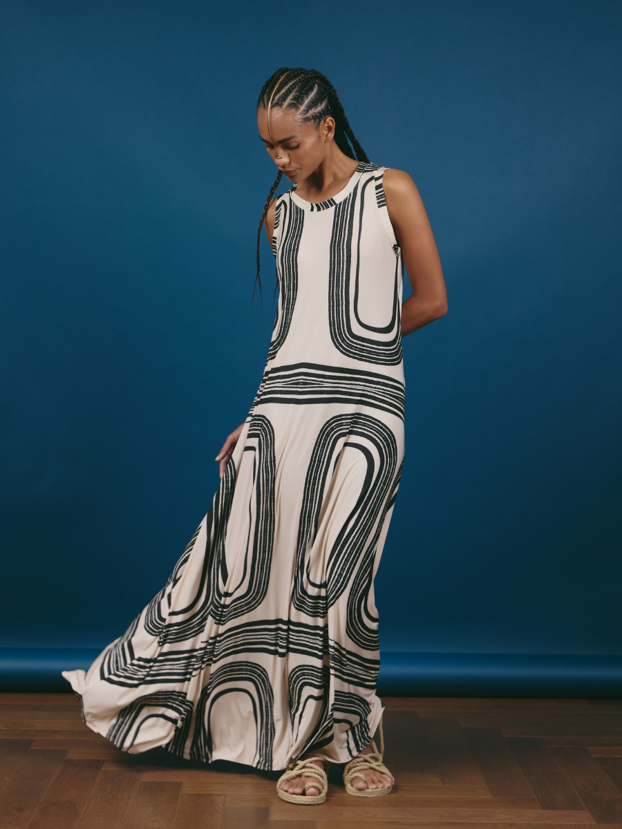 Sleeveless Godet Dress - Black Roundels