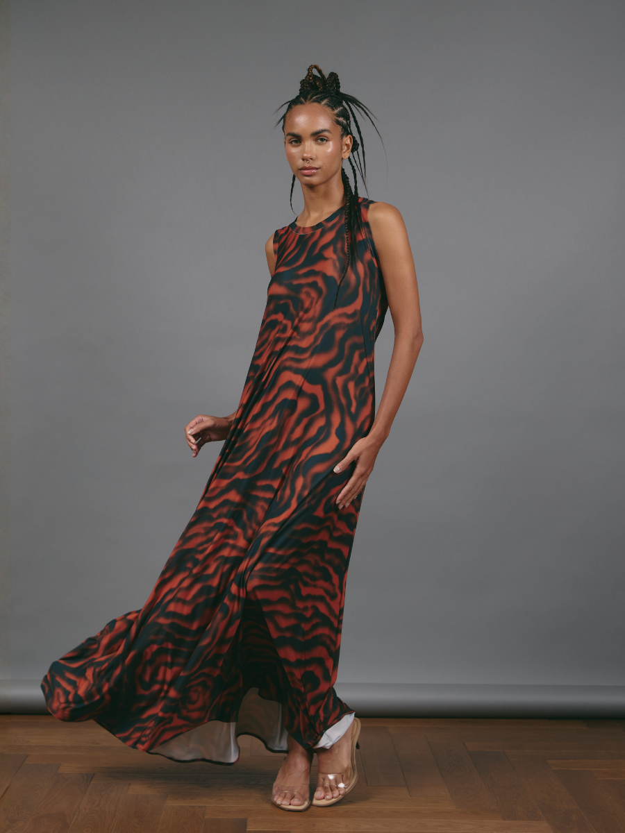 Sleeveless Godet Dress - Shadow Roses