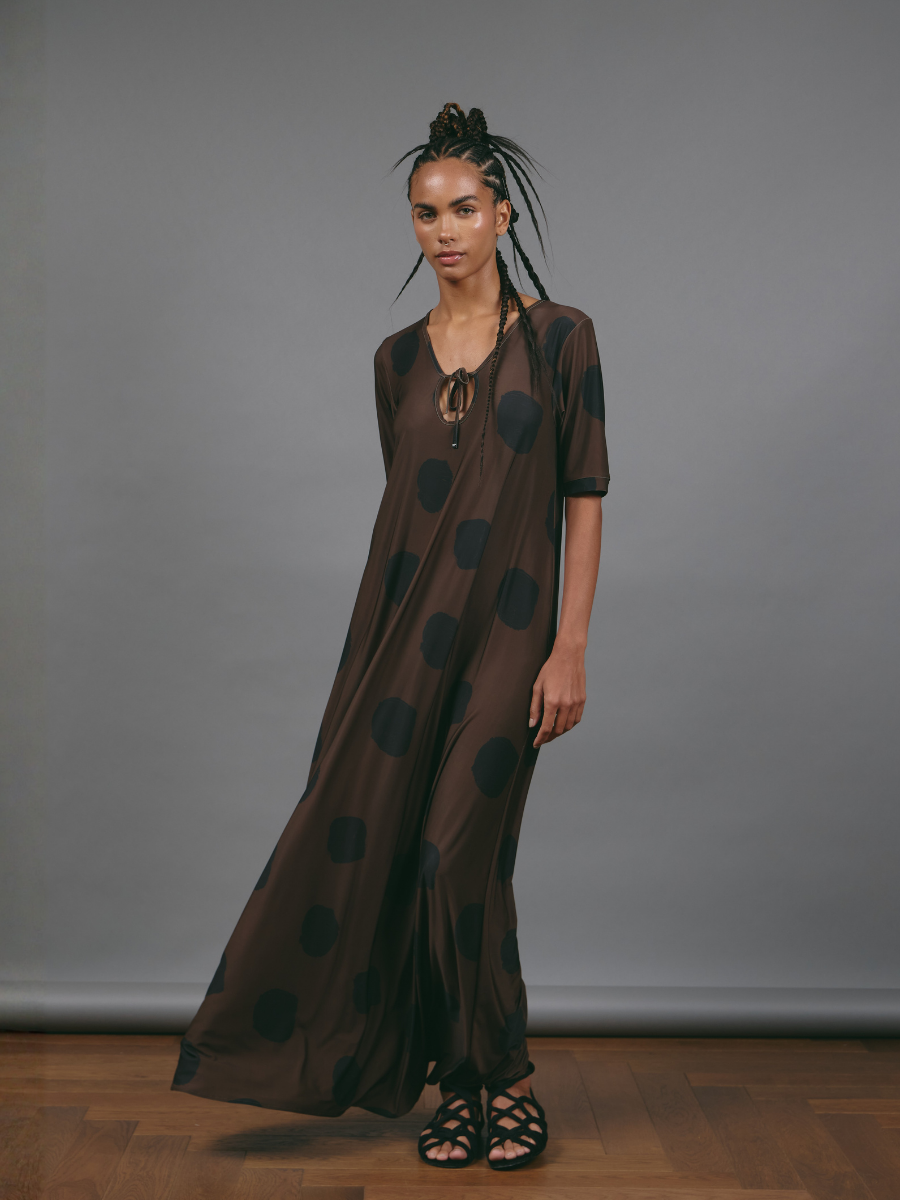 Godet Dress with Bow - Mocha Black Dots