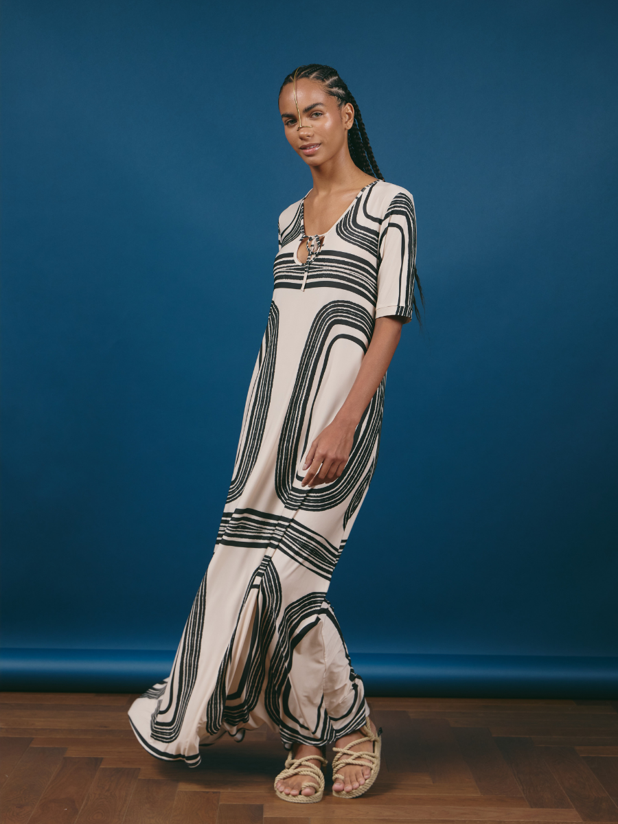 Godet Dress with Bow - Black Roundels