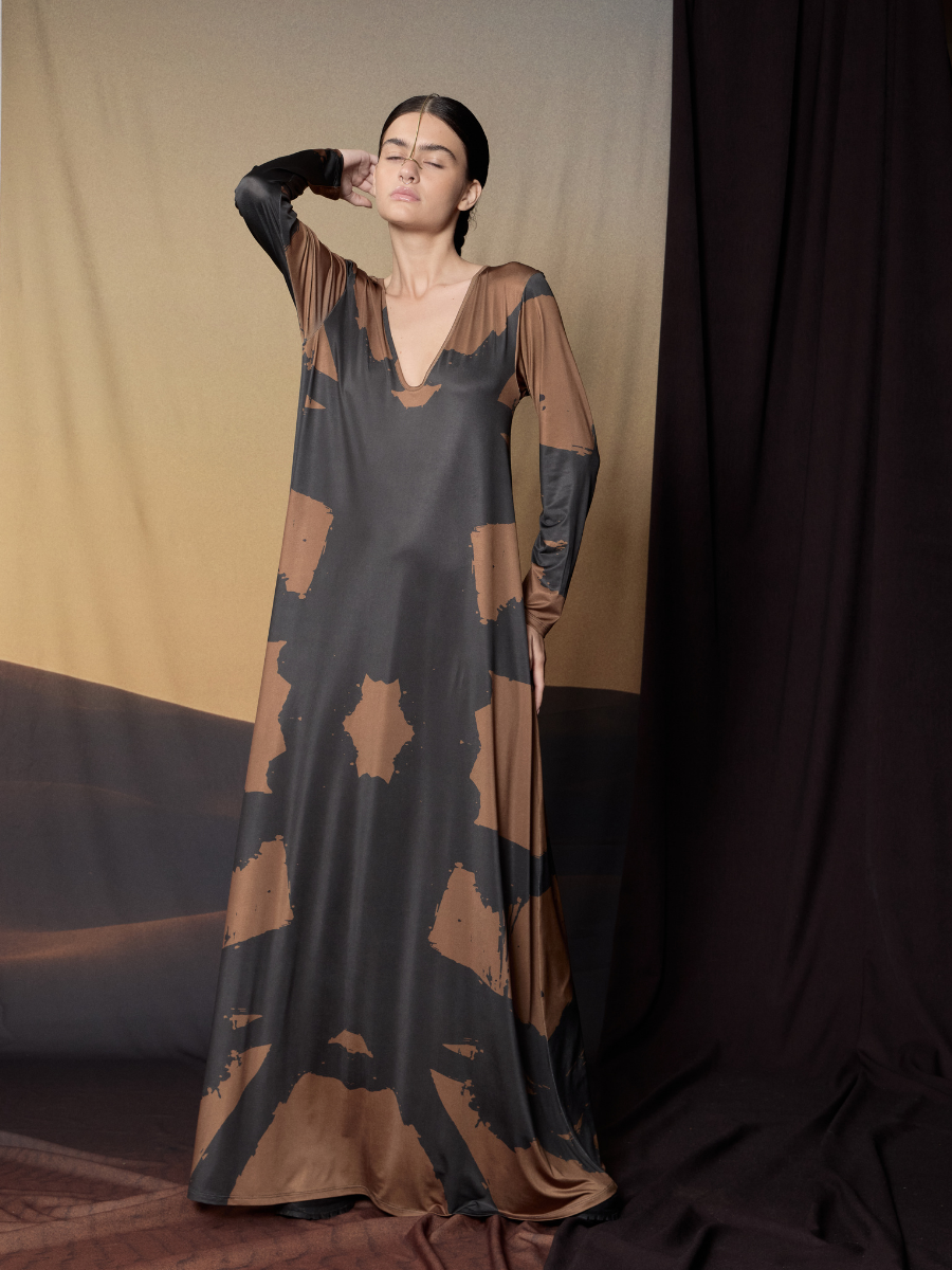 Godet U-Neck Dress - Brown Brushstroke