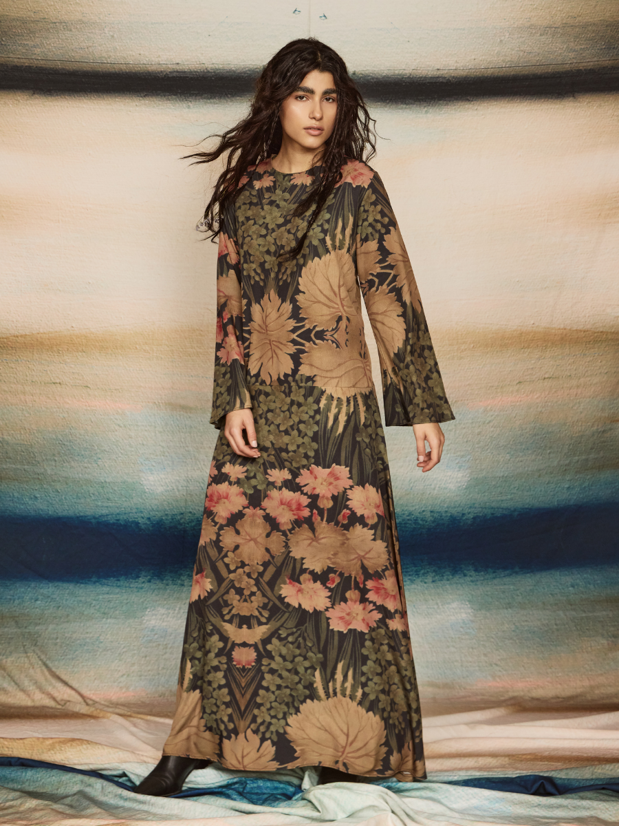 Bell-Sleeve Straight Dress - Oriental Garden