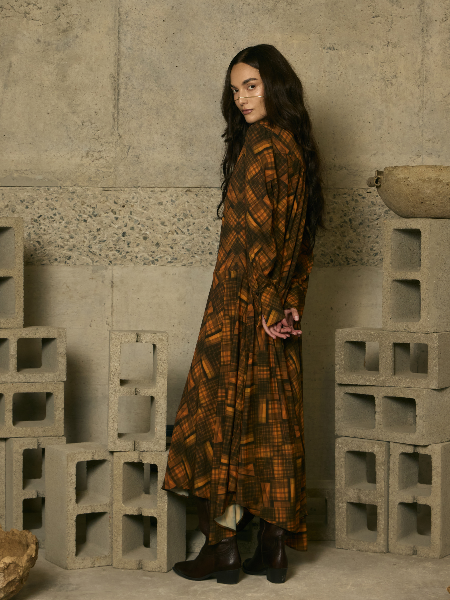 Asymmetric Shirt Dress - Mocha Tartan